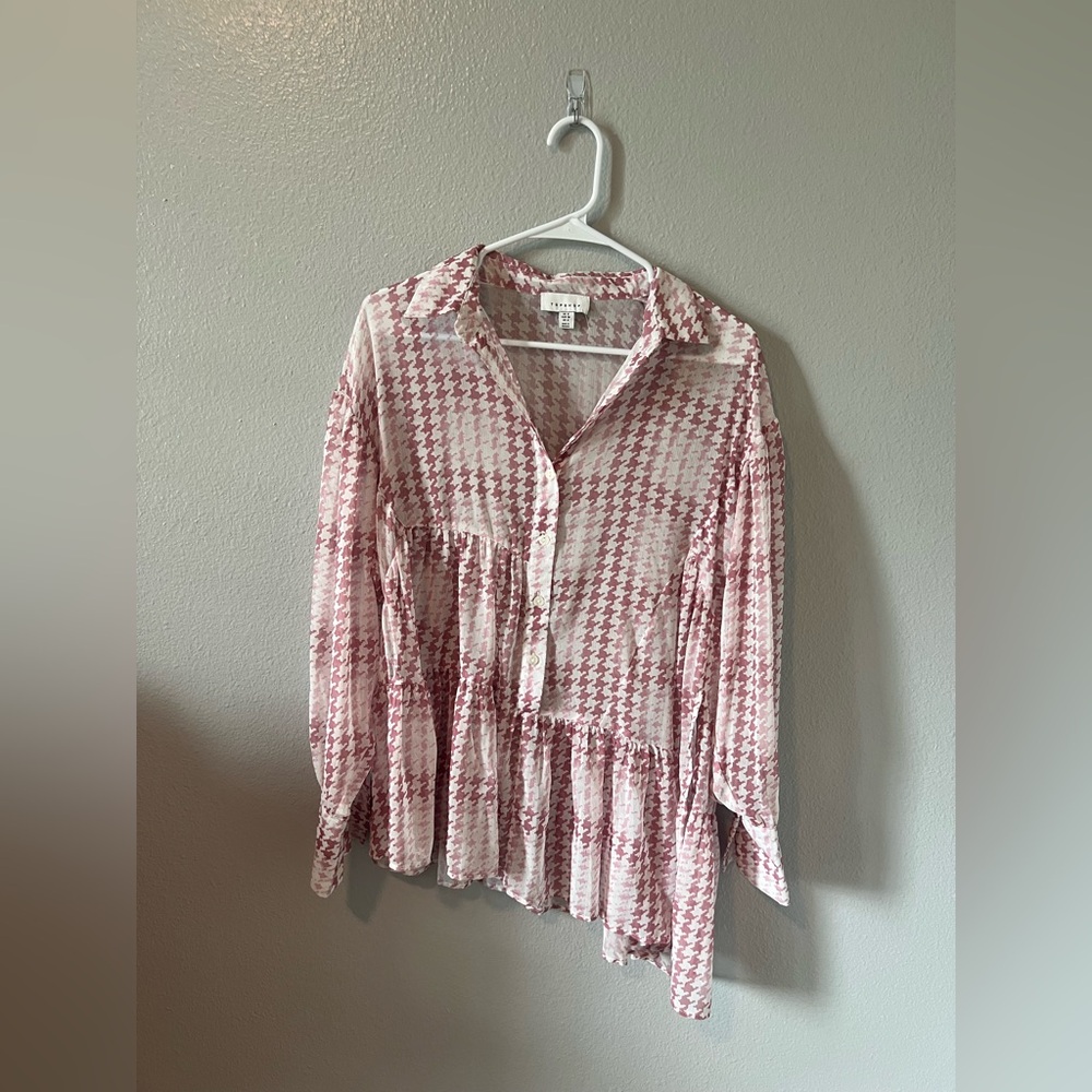Topshop Pink and White Houndstooth Blouse